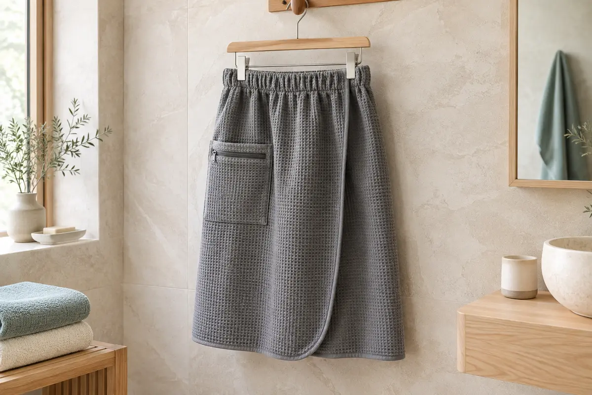 Kilt de sauna gris en coton gaufré suspendu dans une salle de bain claire aux murs minéraux.