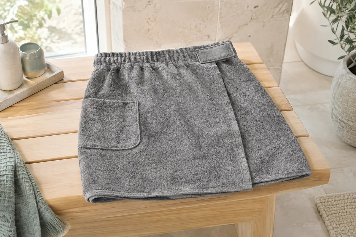 Kilt de sauna gris en coton plié sur un banc en bois blond dans une salle de bain claire
