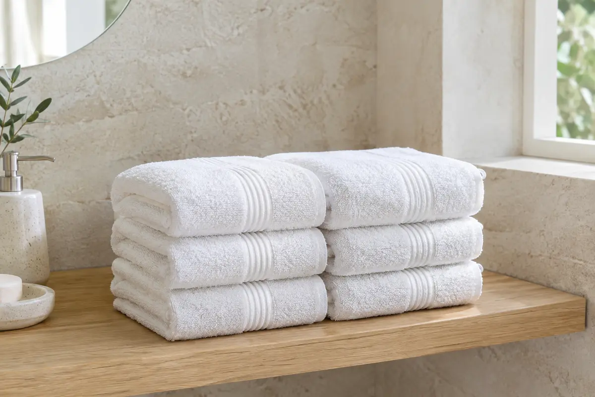 Lot de serviettes invité blanches en coton éponge avec bandes en relief, pliées dans une salle de bain claire.