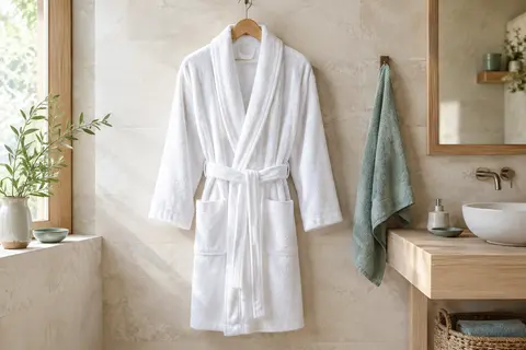 Peignoir blanc en coton à col kimono, ceinture nouée et deux poches, suspendu dans une salle de bain claire.