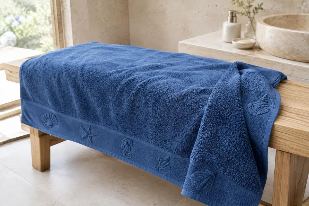 Serviette de plage bleue en coton, motifs marins tissés et faces velours et éponge, dans une salle de bain claire.