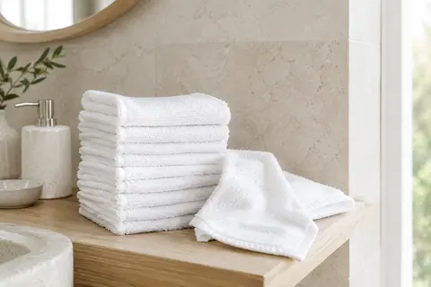 Dix serviettes invité blanches en coton éponge pliées sur une tablette en bois clair dans une salle de bain lumineuse.
