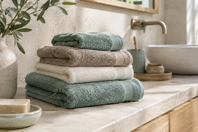 Détail de textiles de bain pliés, mettant en valeur leur matière et leurs finitions.