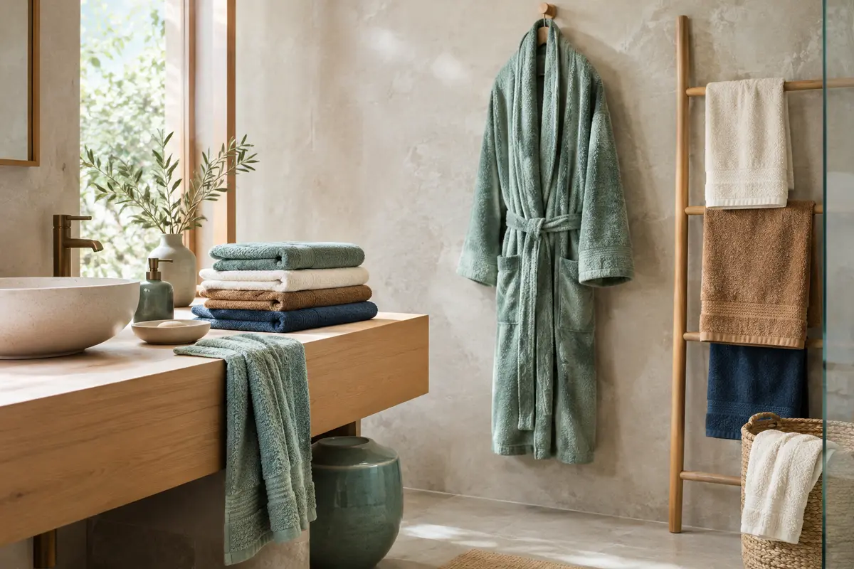 Serviettes pliées et peignoir suspendu, réunis dans une scène dédiée au linge de bain.